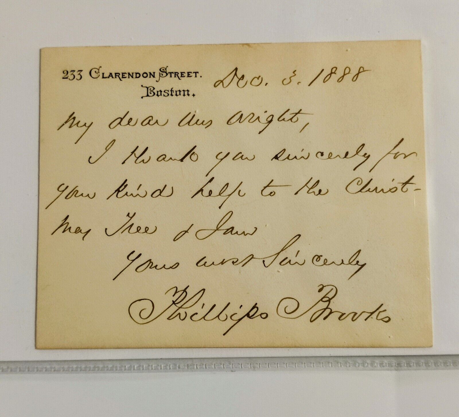 1888 PHILLIPS BROOKS - AUTOGRAPHED HAND WRITTEN LETTER SIGNED BOSTON