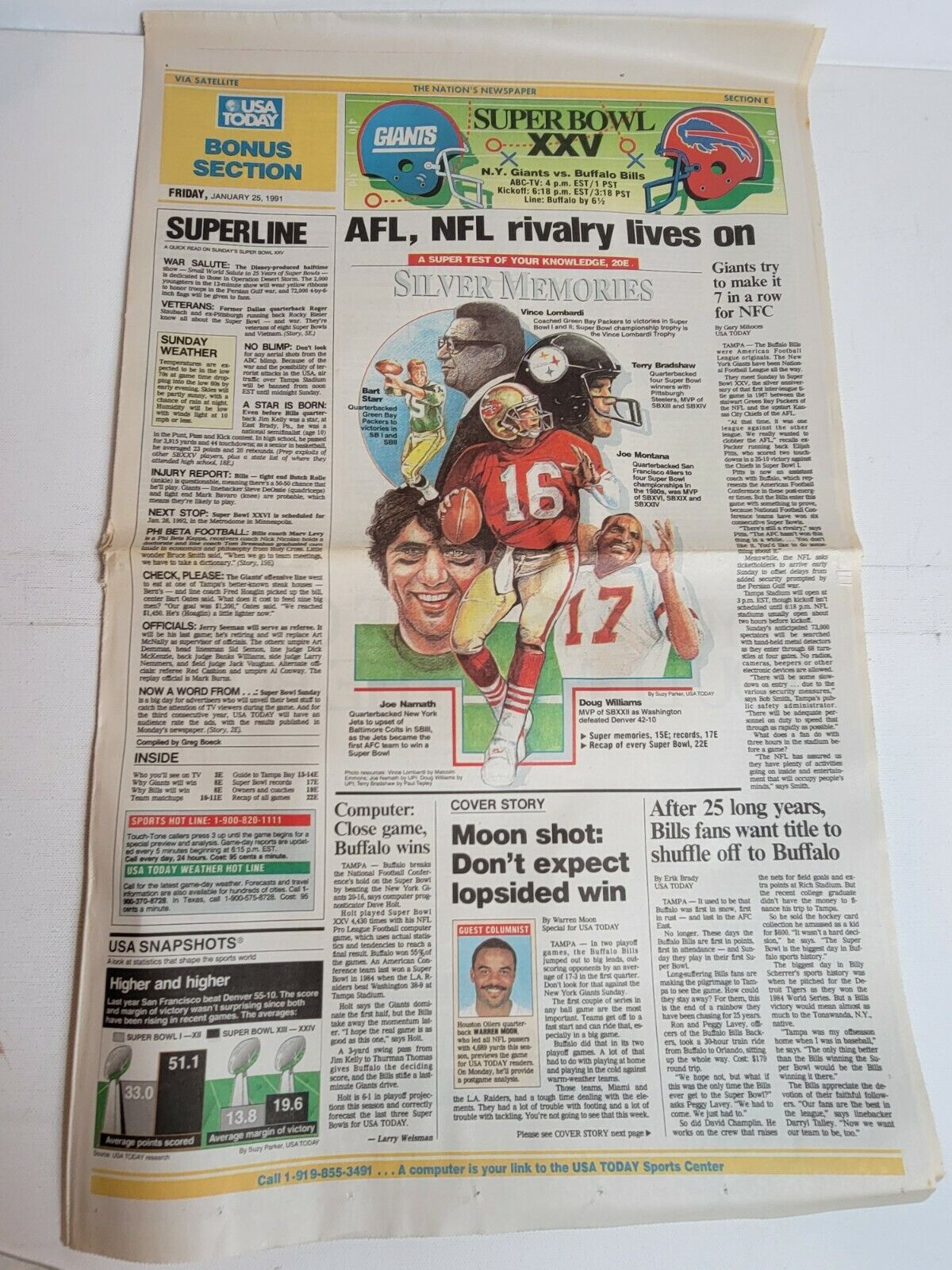 Vintage 1990s Newspaper Sports Section 1991 Bills vs Giants Joe Montana Namath