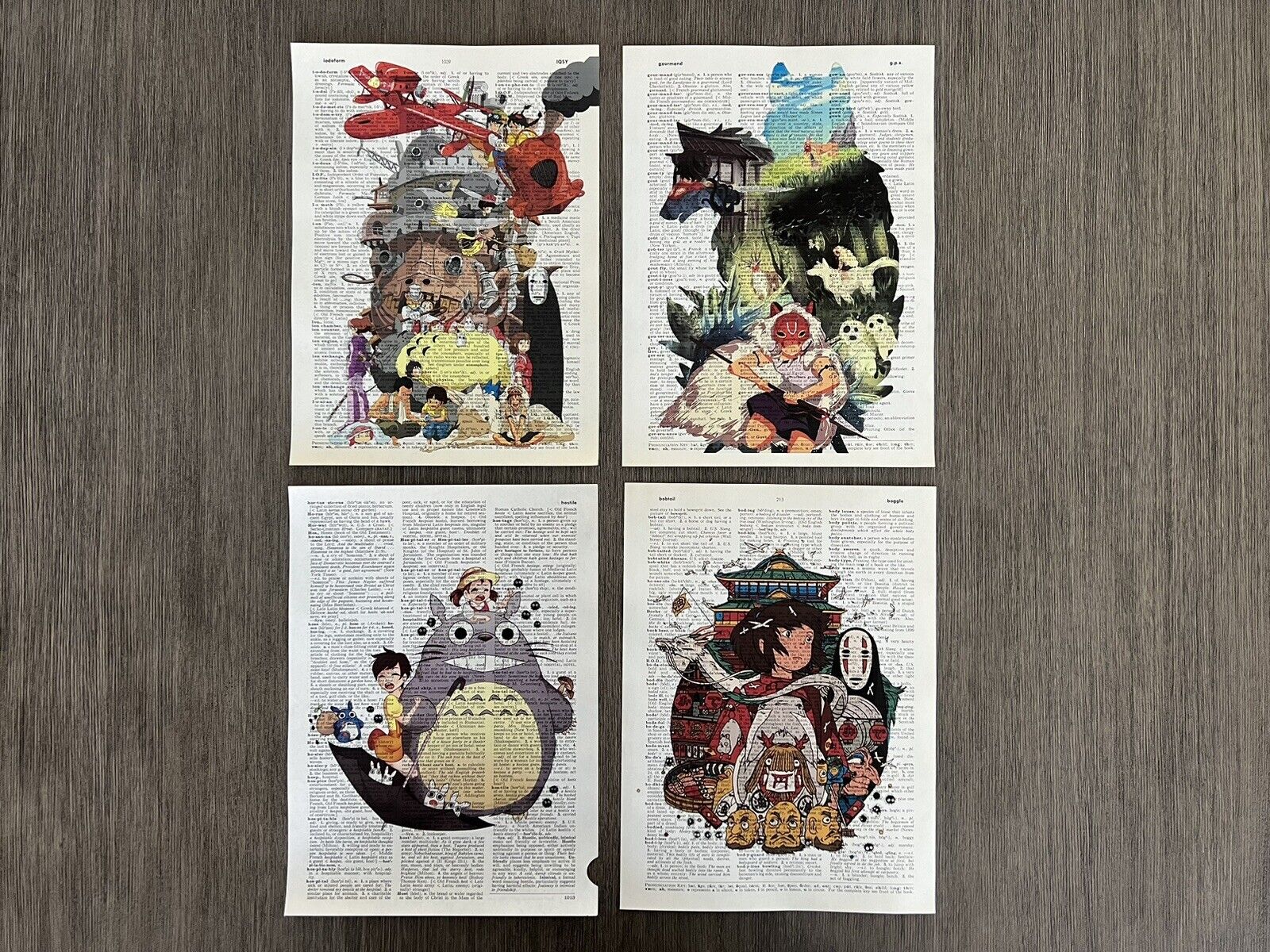 Ghibli Tribute Dictionary Art Print Spirited Away Totoro Howl\'s Kiki - Set of 4