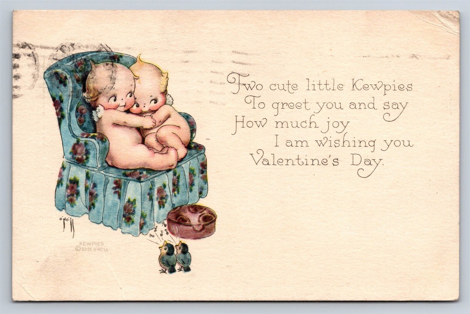 Postcard Valentines Day Rose O'Neill Kewpie Snuggling On Chair c1920s AD26