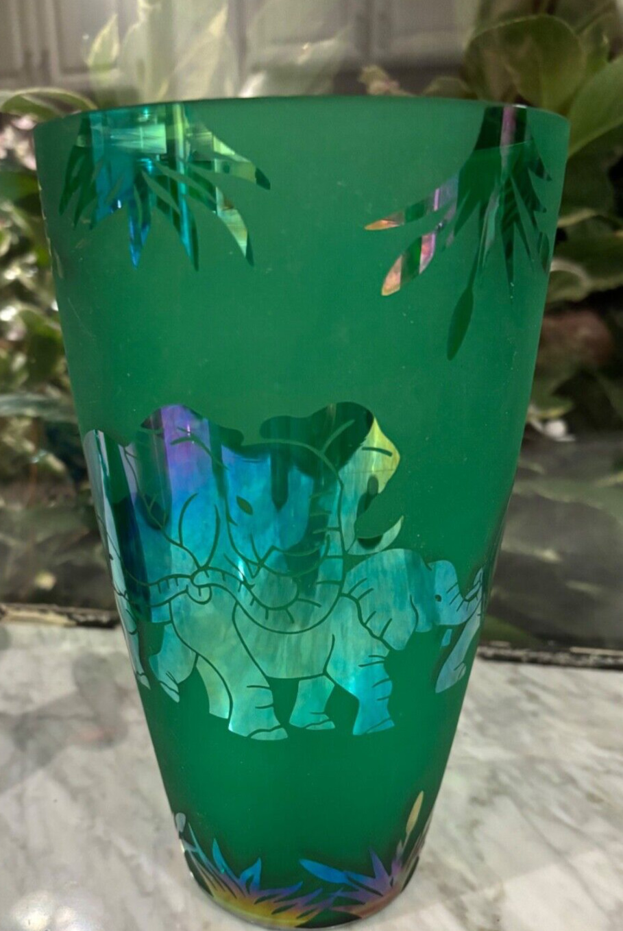 Arthur Court Designs Lg  10” Frosted  Green Glass Vase With Etched Elephant