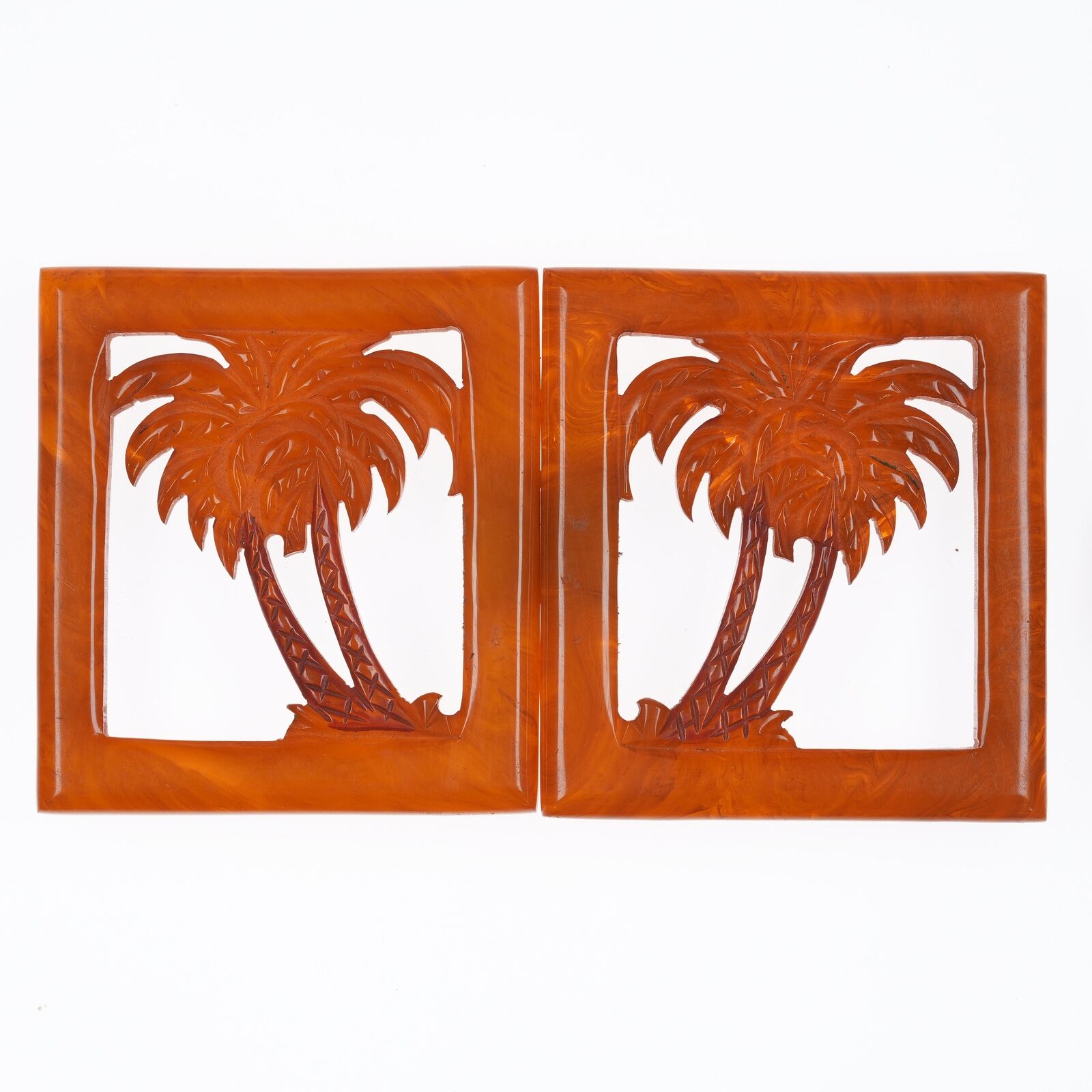 c1940's carved Butterscotch bakelite palm trees belt buckle set