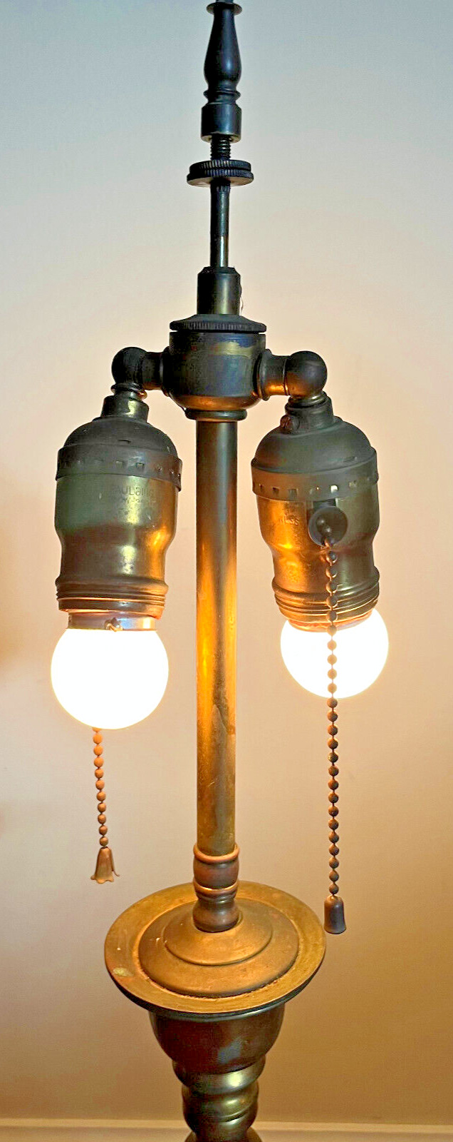 Antique Vintage Paulding Dual Socket Pull Chain Brass Lamp Cluster
