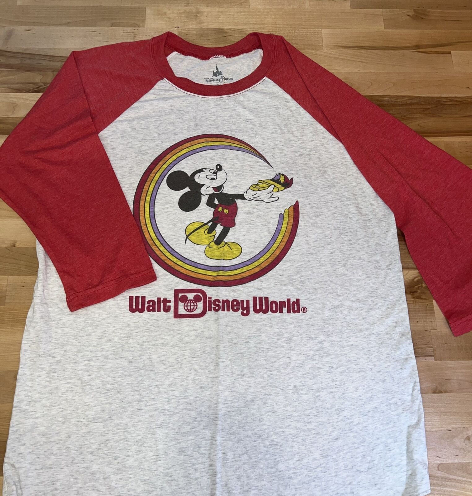 XL Walt Disney World Raglan Tee Mickey Mouse Painting a Rainbow Shirt Soft NWOT