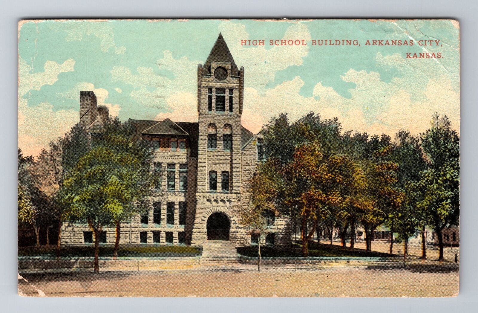 Arkansas City KS-Kansas, High School Building, Antique c1920 Vintage Postcard