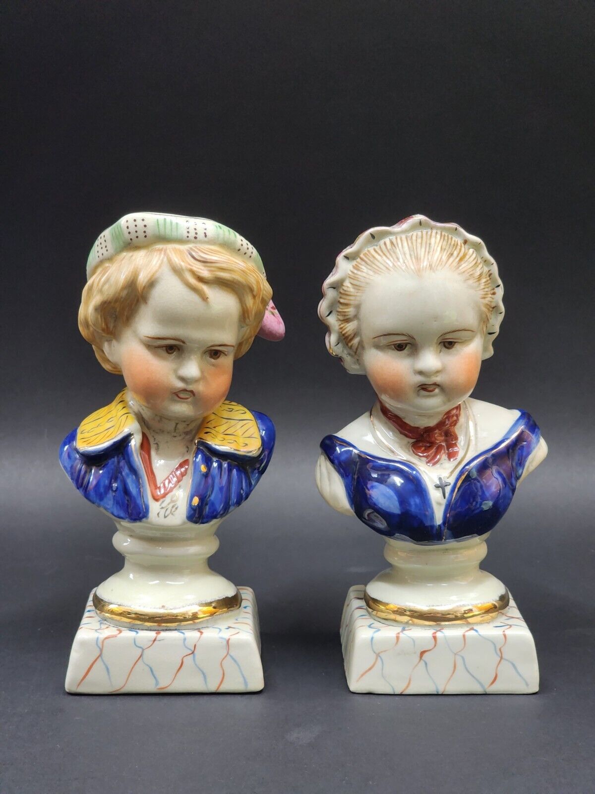 Pair of Vintage Staffordshire Bourbon Children Style Porcelain Busts Classic 