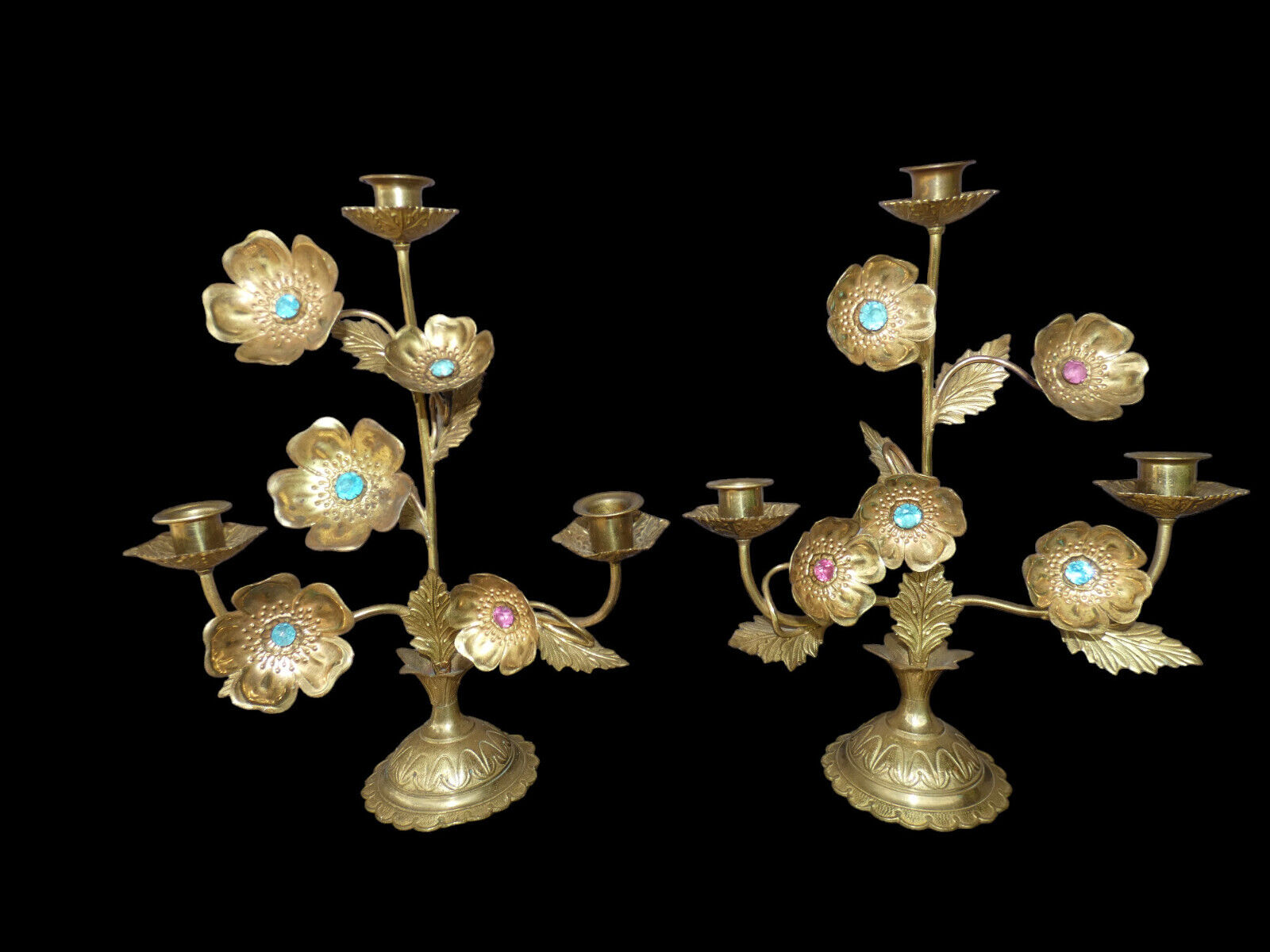 Pair antique French altar candelabra candle holders church colour stones set