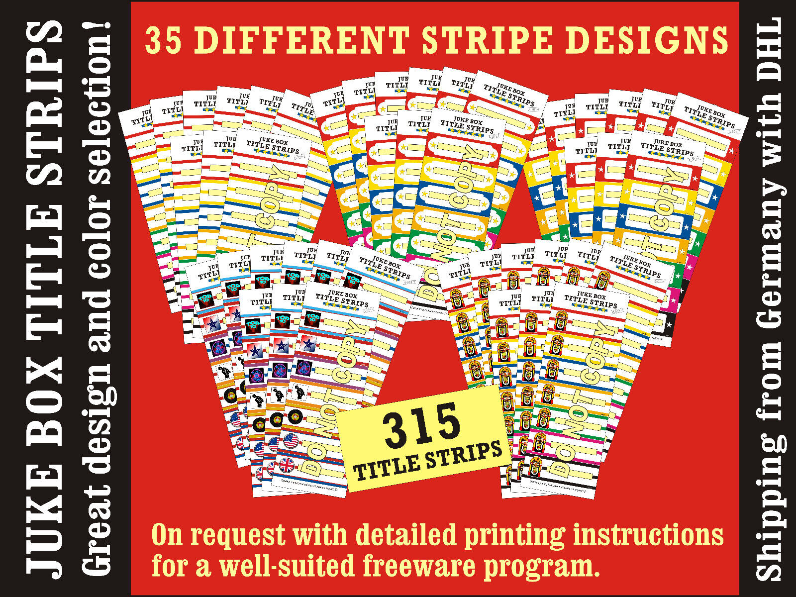 ⭐ 315 Jukebox Title Strips MIXED-SET ⭐ 45 blank sheeds incl. Printing-Template
