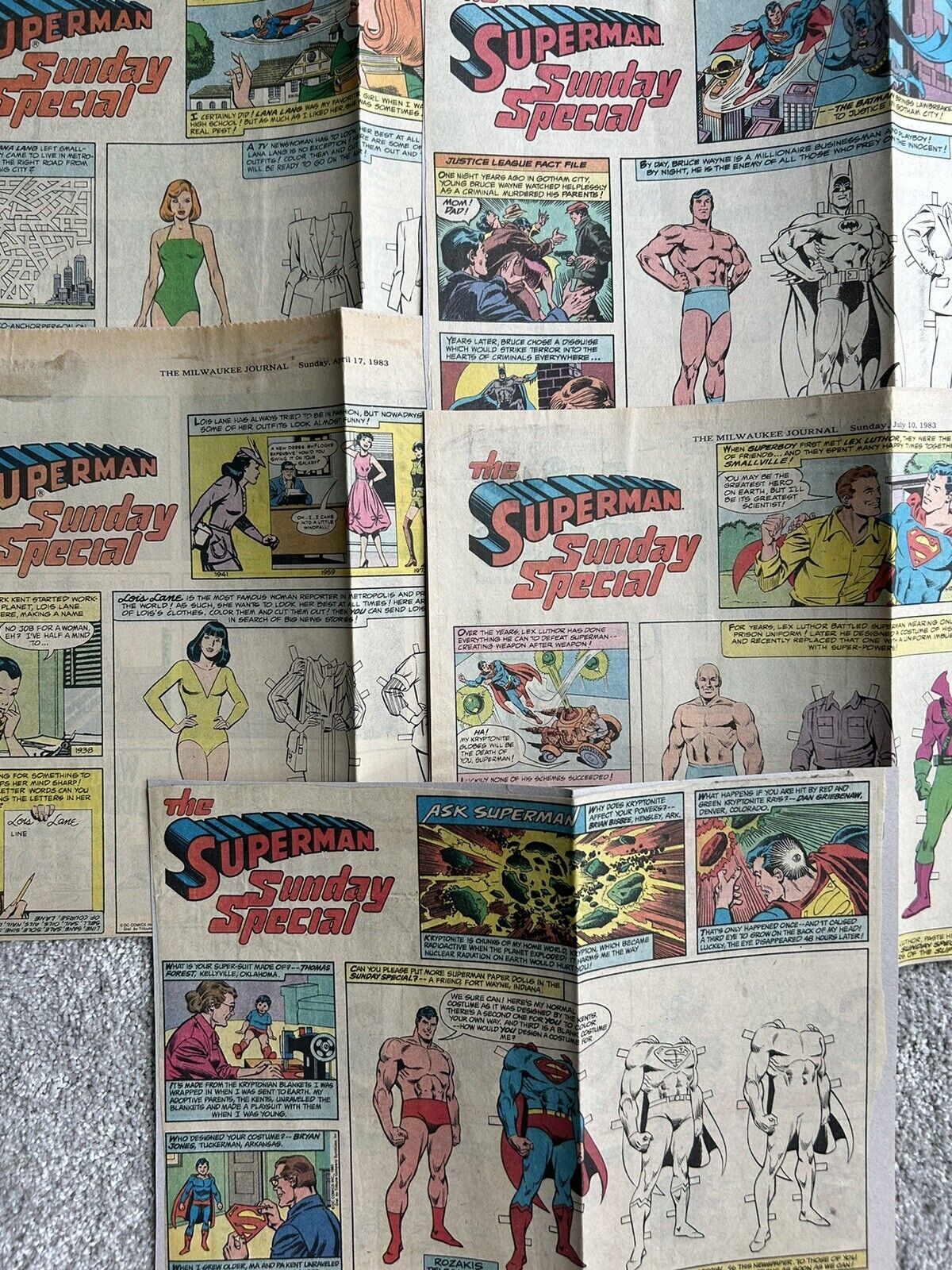 5 Vintage 1983 Superman Sunday Special Newspaper Comic Strip Paper Dolls