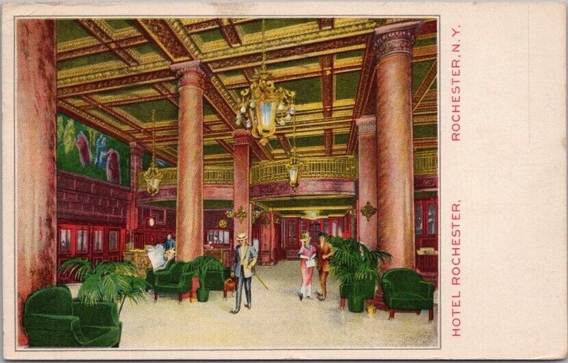 1917 Rochester, New York Postcard HOTEL ROCHESTER Artist\'s Lobby Scene / STECHER