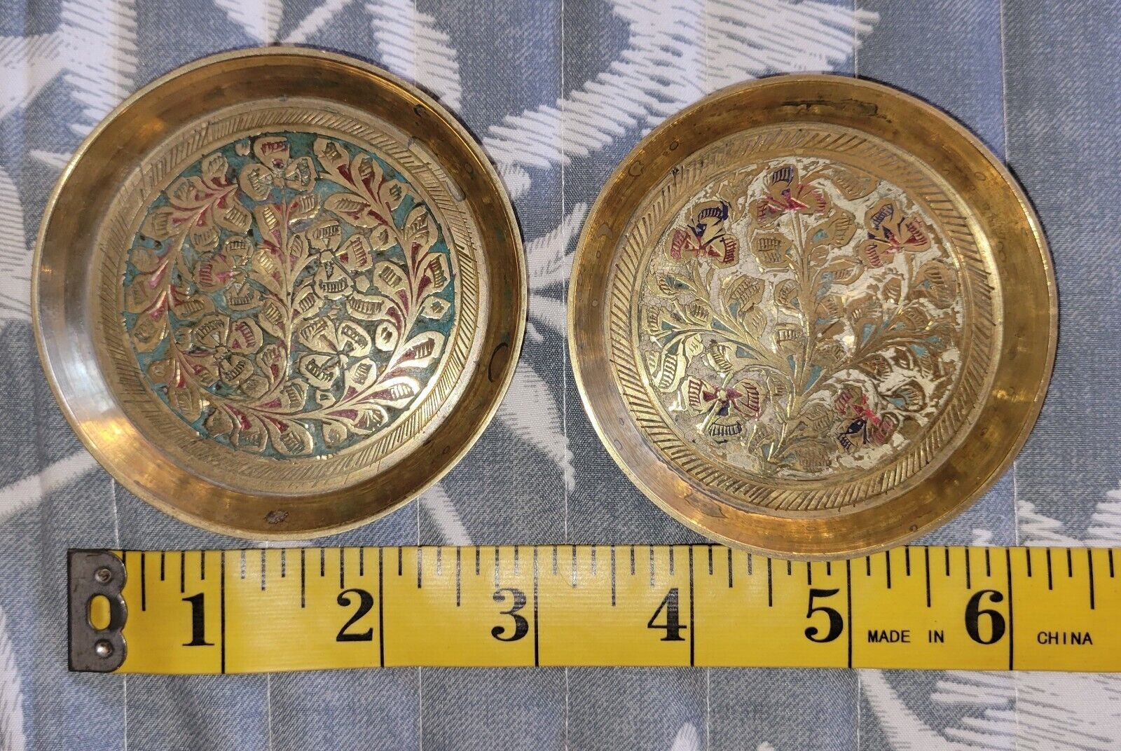 2 Ethched Solid Brass Small Trinket Dish  Jewelry Coin Holders Vintage 