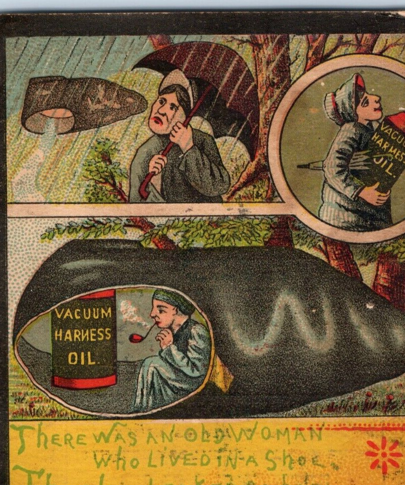 1880s Vacuum Harness Oil C.F. Walters Dealer Old Woman & Leaky Shoe-House F92