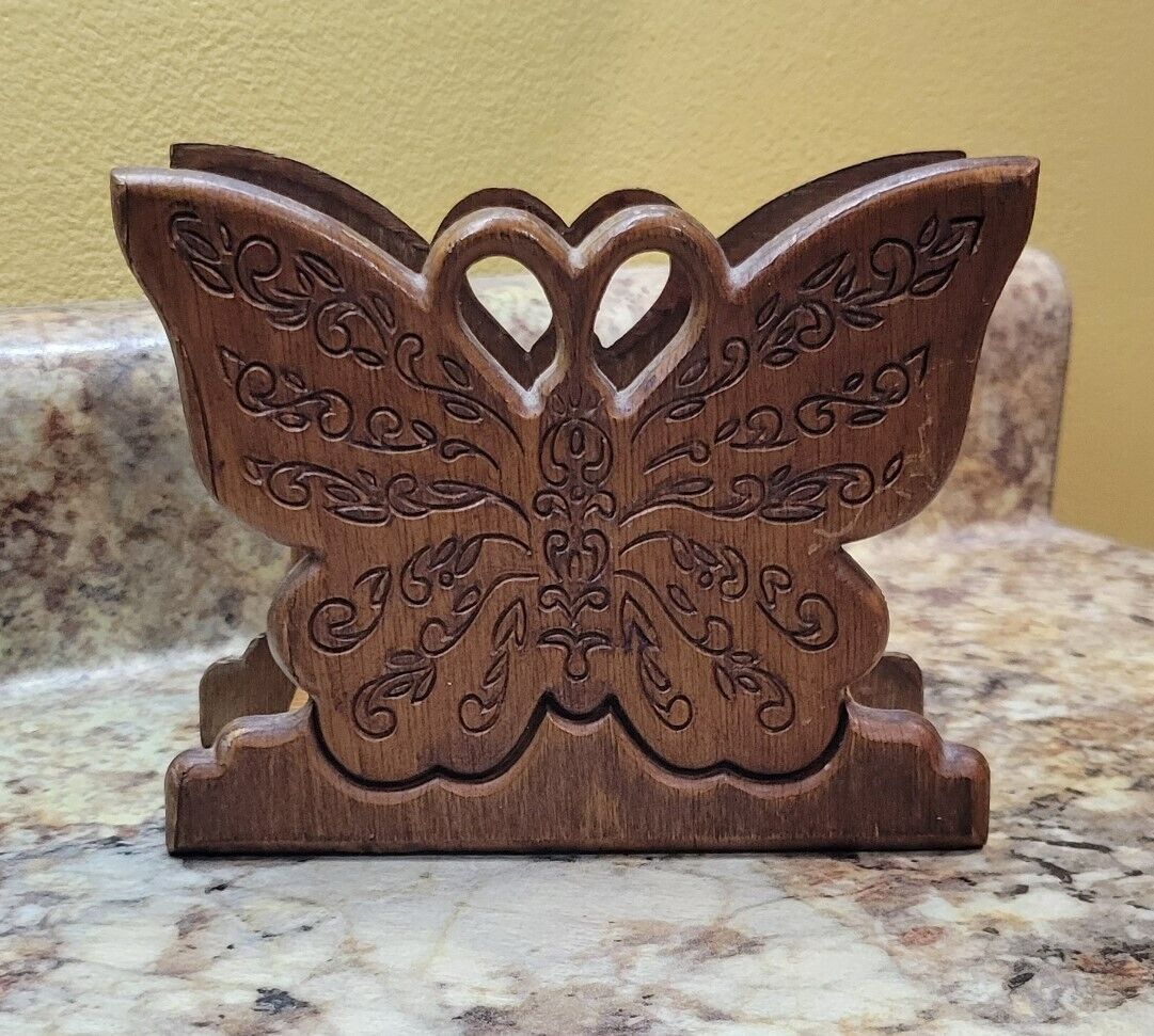 Vintage Butterfly Wood Carved Napkin Mail Holder MCM Retro Boho 5 X 6 X 2.5