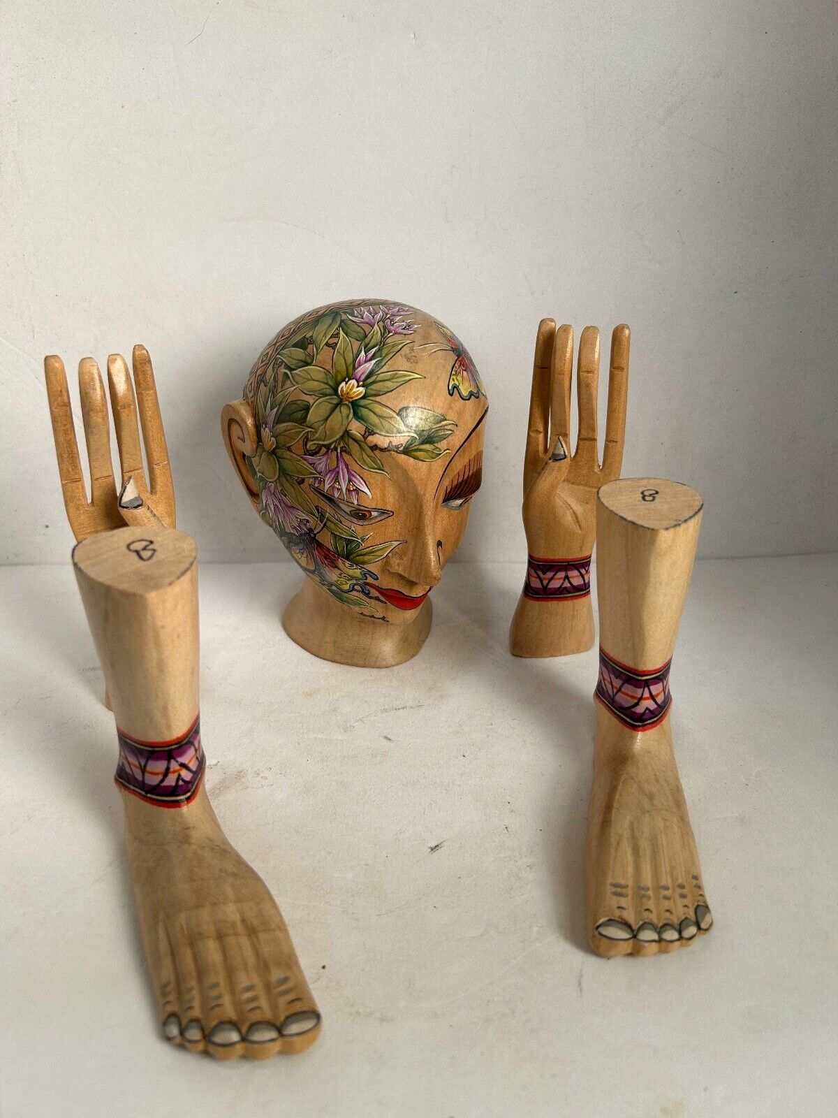 Balinese Puppet Head/Hands/Feet Painted Carved Wood Exotic Sculpture
