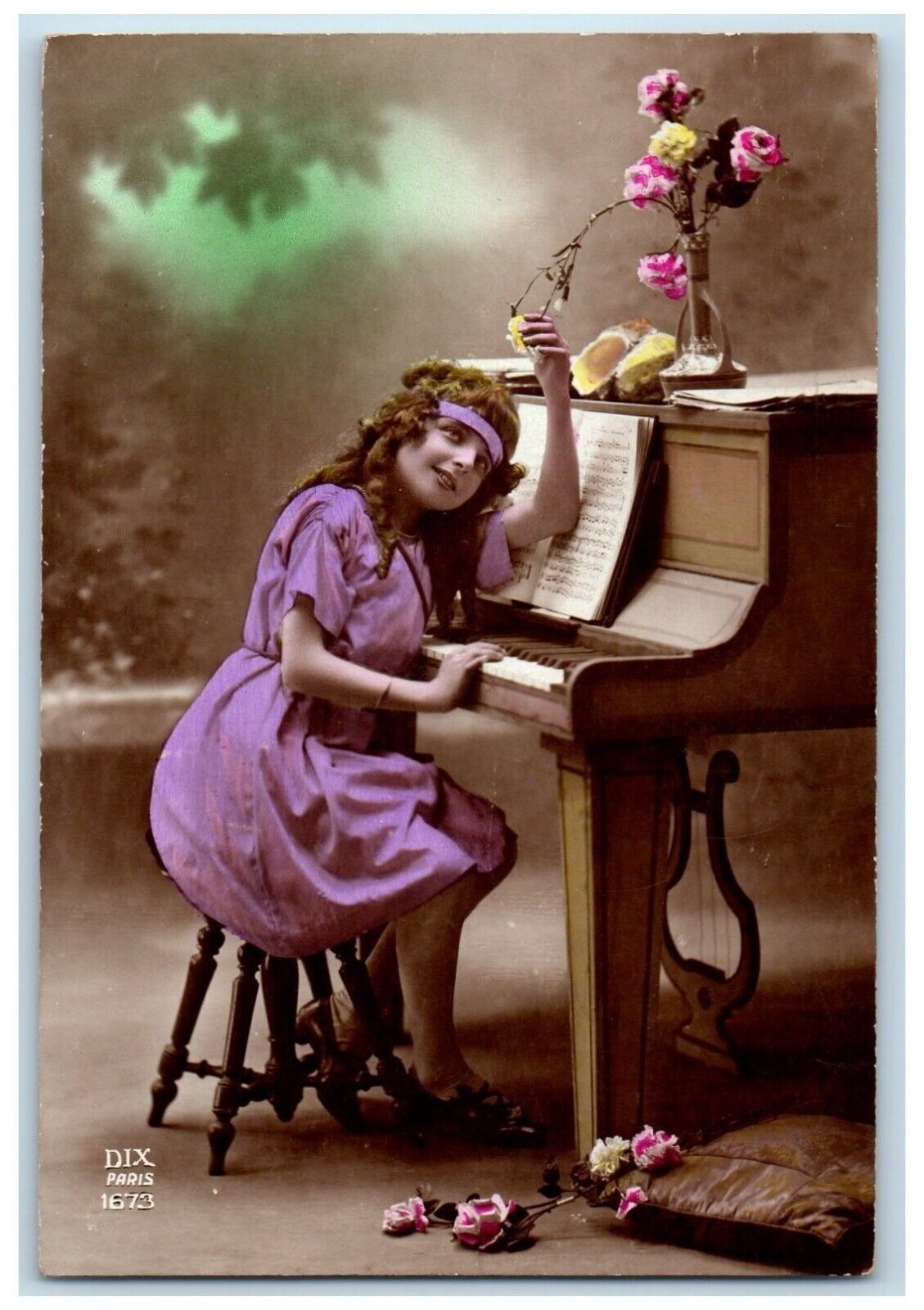 c1910\'s Girl Playing Piano Flowers Dix Paris Posted Antique RPPC Photo Postcard