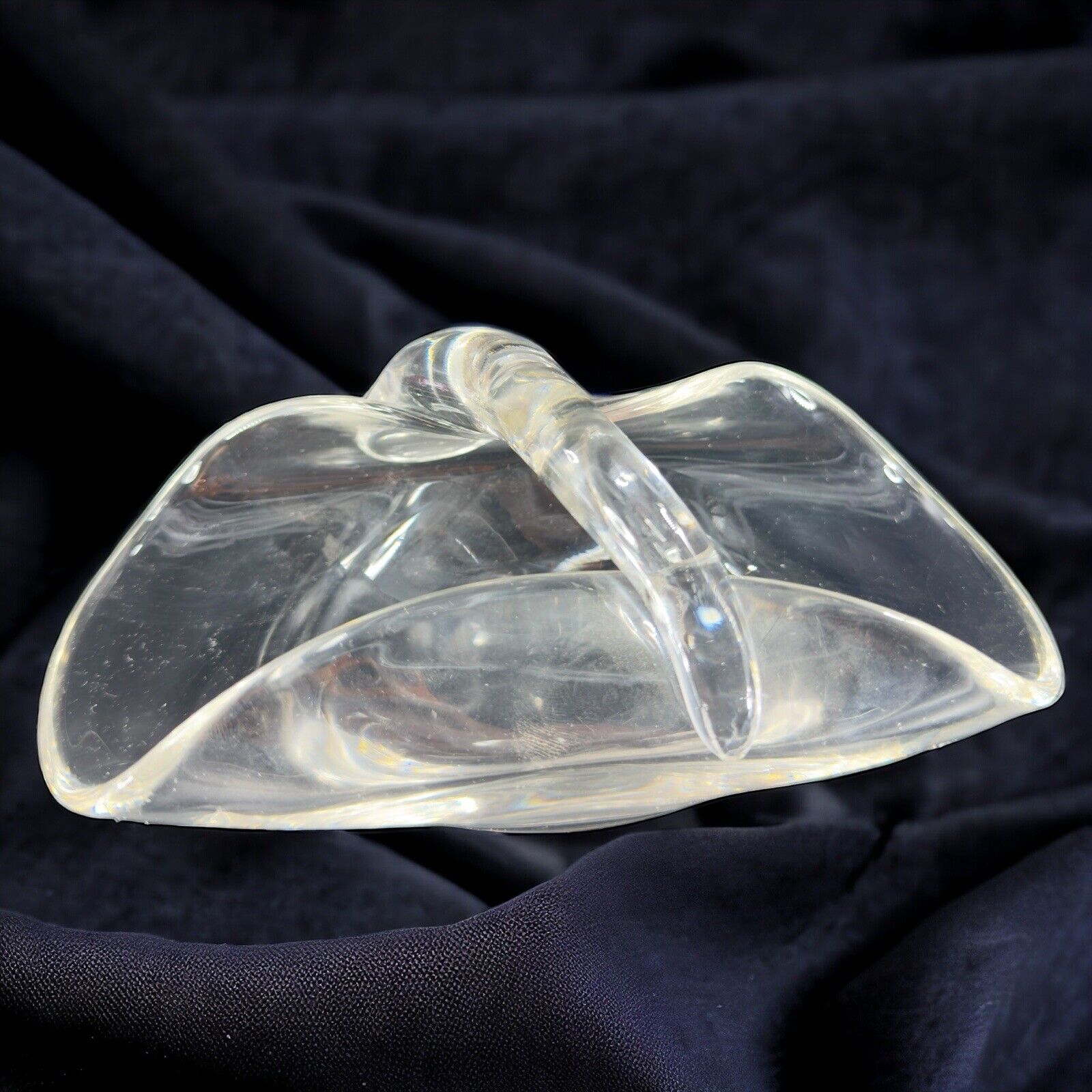 Vintage 1960s Venetian Clear Folded Art Glass Bowl Dish W Handle Italian Glass