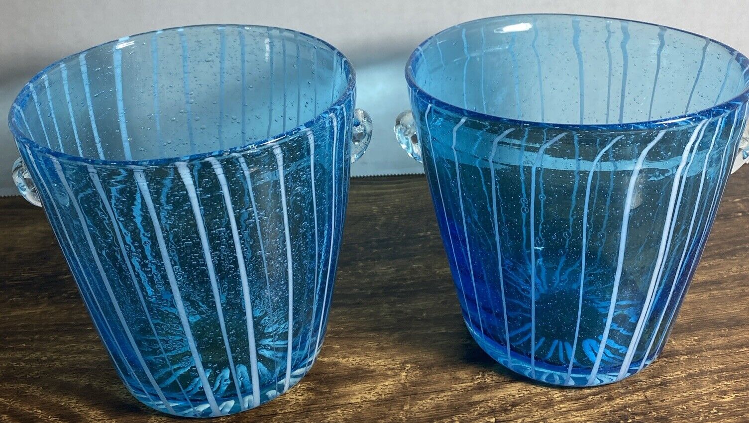 Vintage Set Of 2 Murano Venini by Disaronno Aqua Art Glass Ice Bucket W/Stripes
