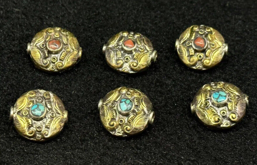 Tibeten Vinatge Old Antique Style 6 Spacer Beads Real Brass Turquoise Coral