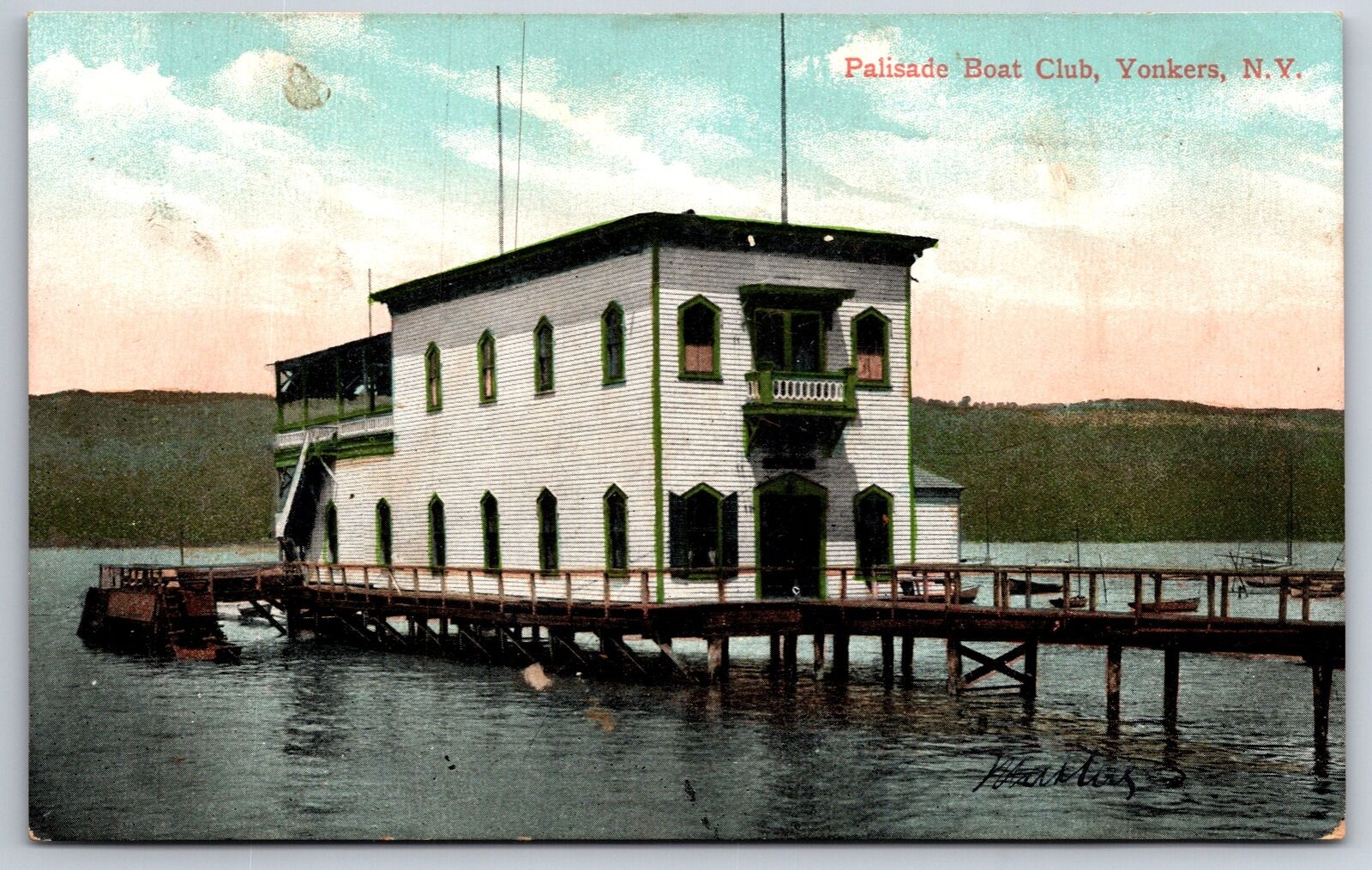 Yonkers New York~2 Story Palisade Boat Club on Stilts~Boat Dock~c1910 Postcard
