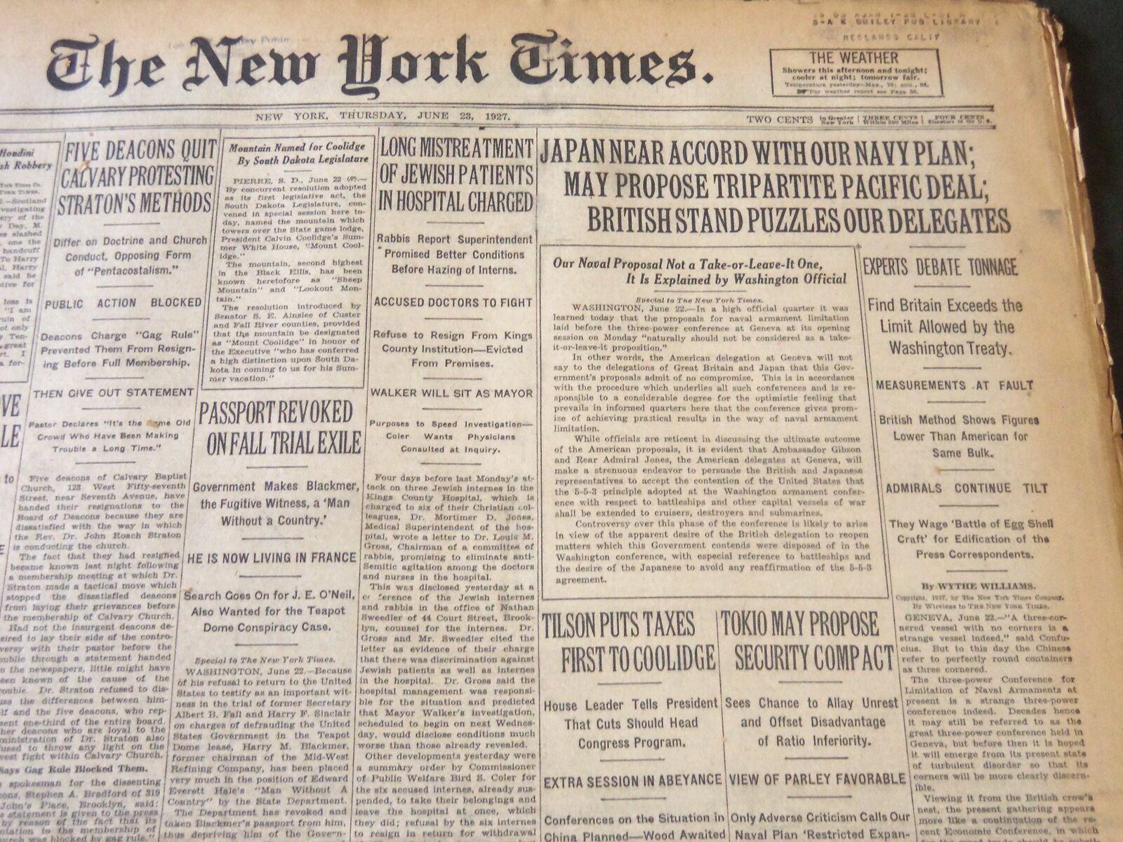 1927 JUNE 23 NEW YORK TIMES - JAPAN NEAR ACCORD WITH OUR NAVY PLAN - NT 6385