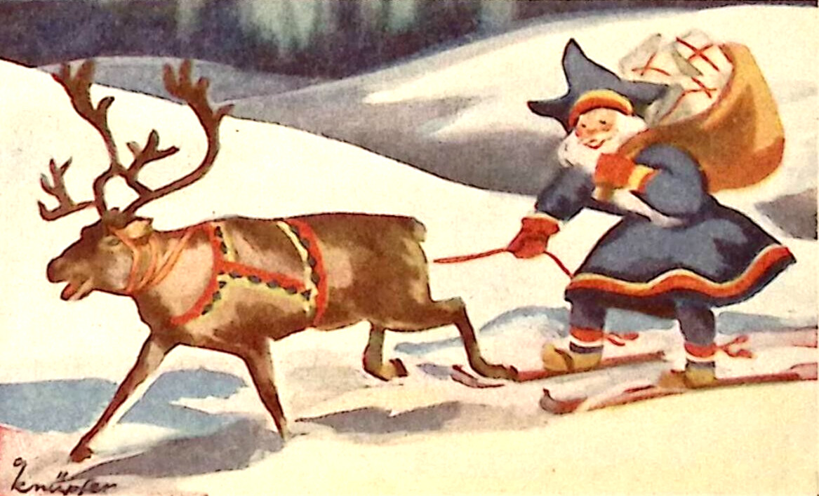c1930s Christmas Postcard Blue Suited Wooden Shoes Santa Skis Reindeer Pulls