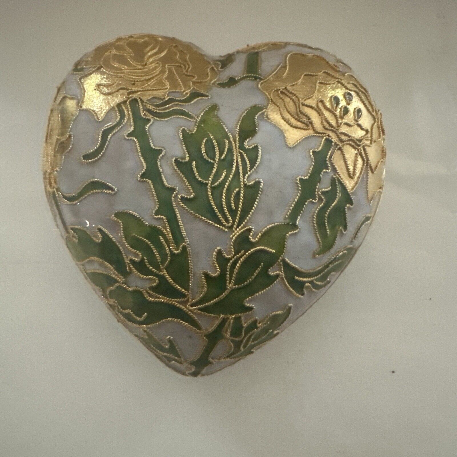 Vintage Cloisonne Heart Shaped Trinket Box Flowers Yellow Gold