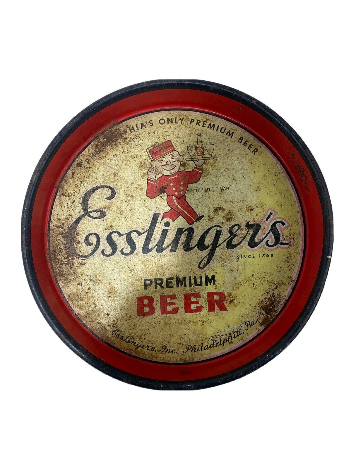 Vintage Esslinger’s Beer “The Little Man”Tray Novelty Advertising Man Cave Vtg