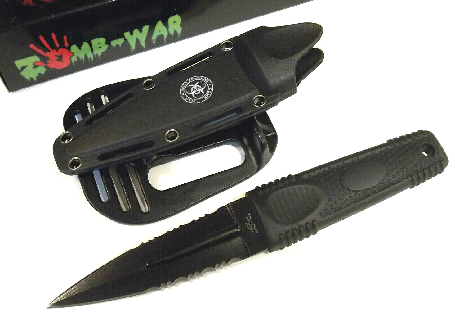 ZOMB-WAR 8162 Black Dagger partial serrate double edge knife 7 3/4\