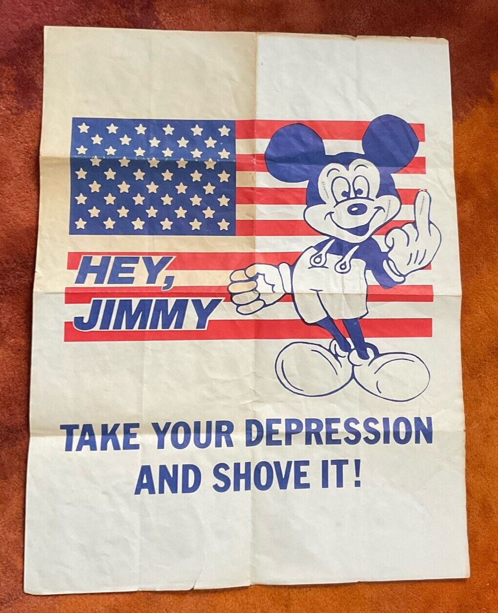 Vintage Disney Mickey Mouse Middle Finger Poster - Jimmy Carter USA 1970’s RARE