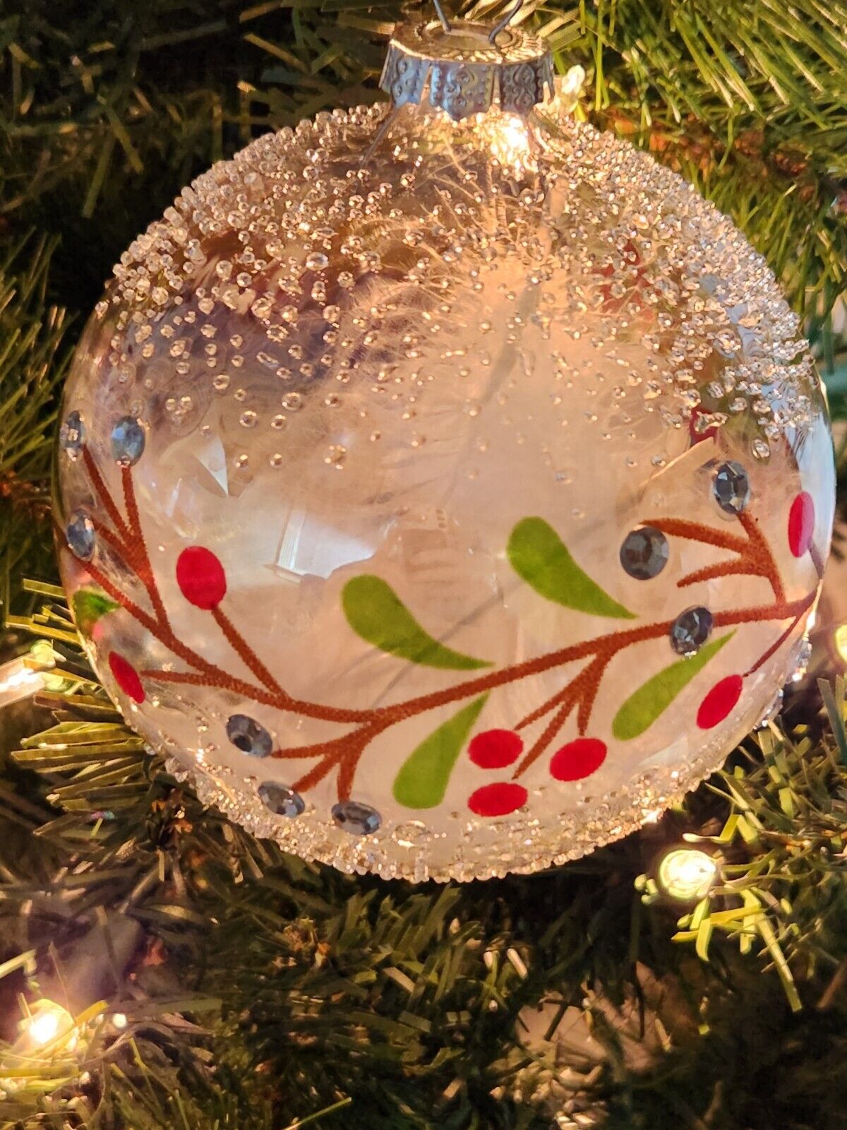 Elegant Stunning Clear Painted Glass Holly & Berry Ball Crystal Accents MSRP $20