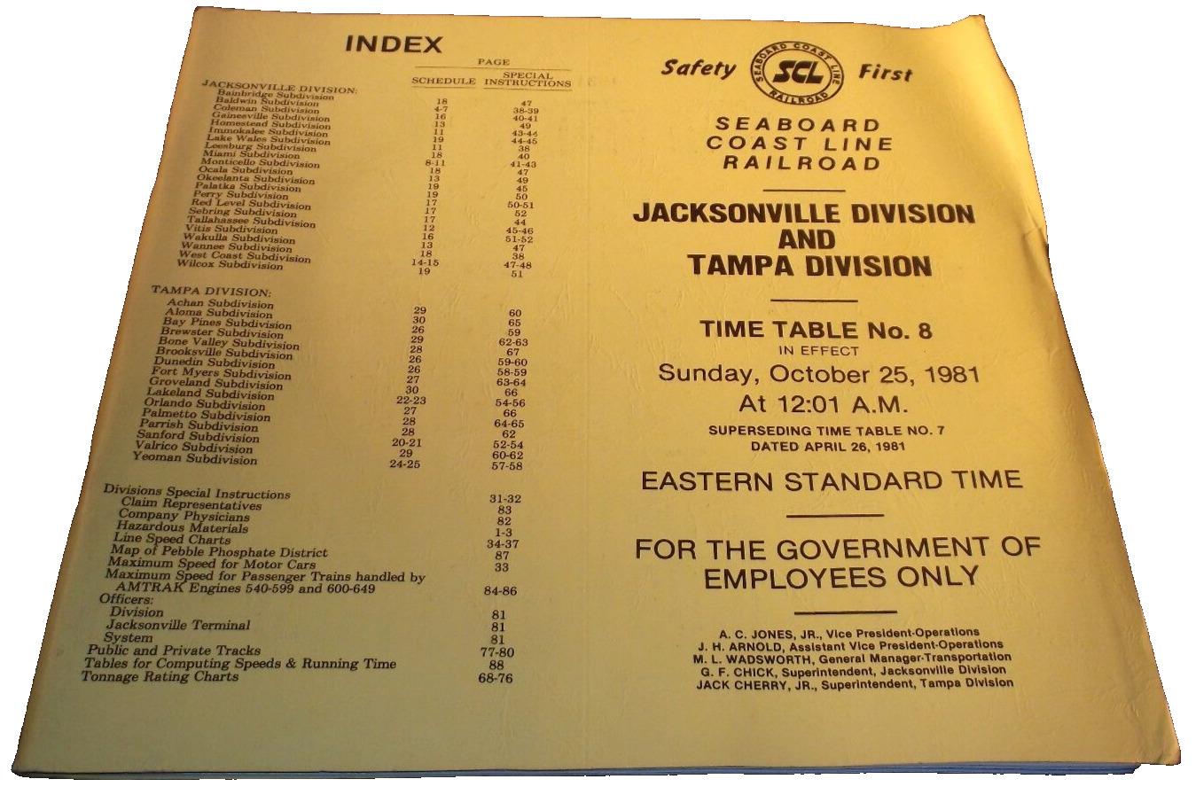 OCTOBER 1981 SCL SEABOARD COAST LINE JAX TAMPA DIVISIONS EMPLOYEE TIMETABLE #8