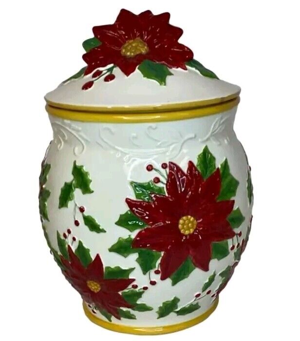 Vintage Cookie Jar, Storage/Canister. Embossed Poinsettia Flowers w/ Scrolls