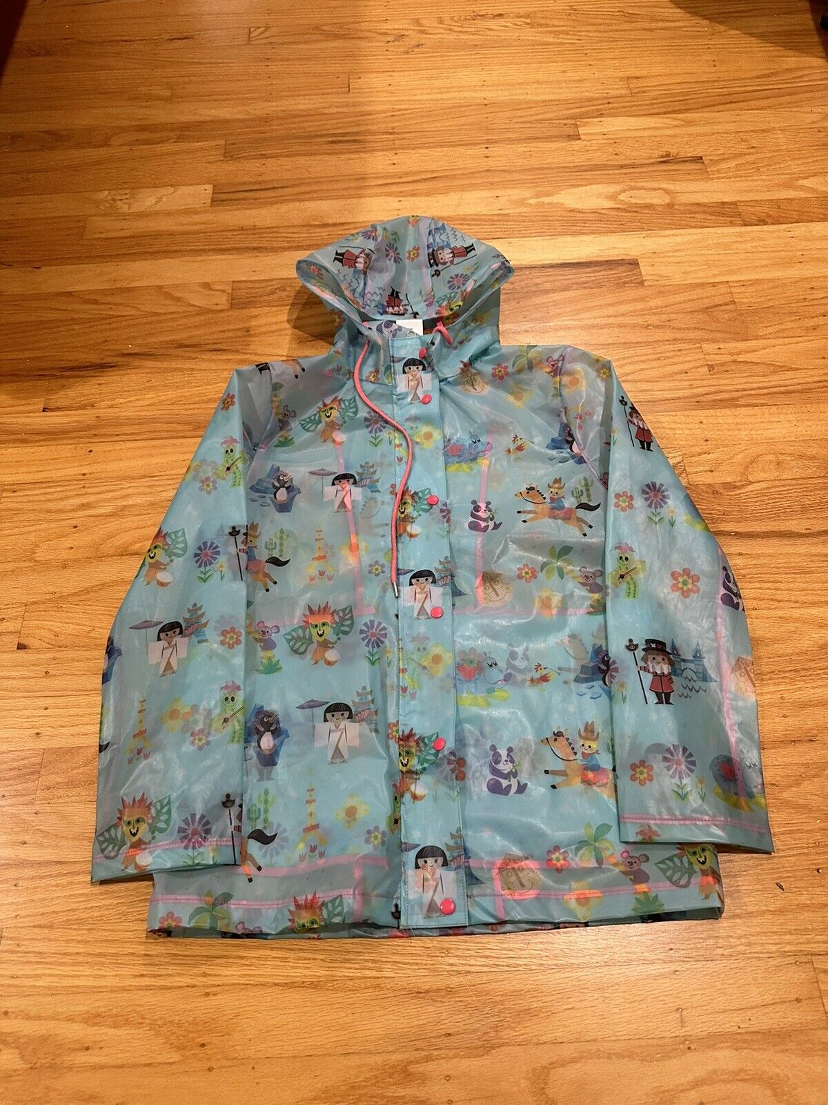 Disney It’s A Small World Rain Coat Jacket Buttons Zip Hood Pockets Adult XS