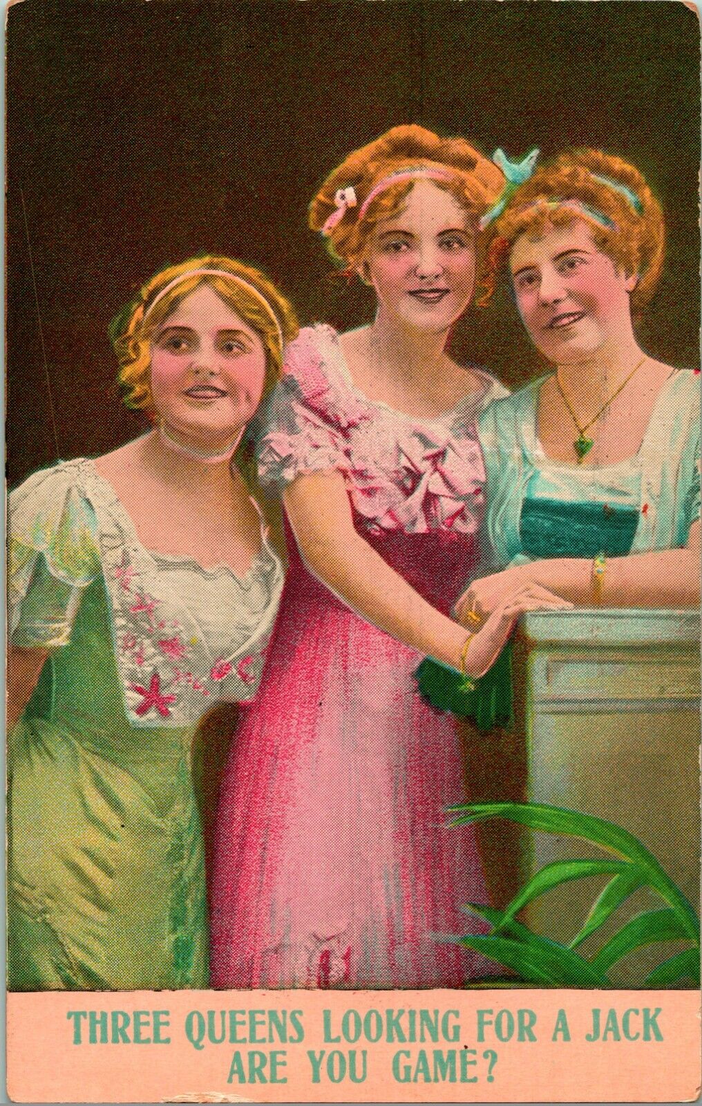 Vtg Postcard 1910s - Three Queens Looking for a Jack Dressed Up Victorian Girls
