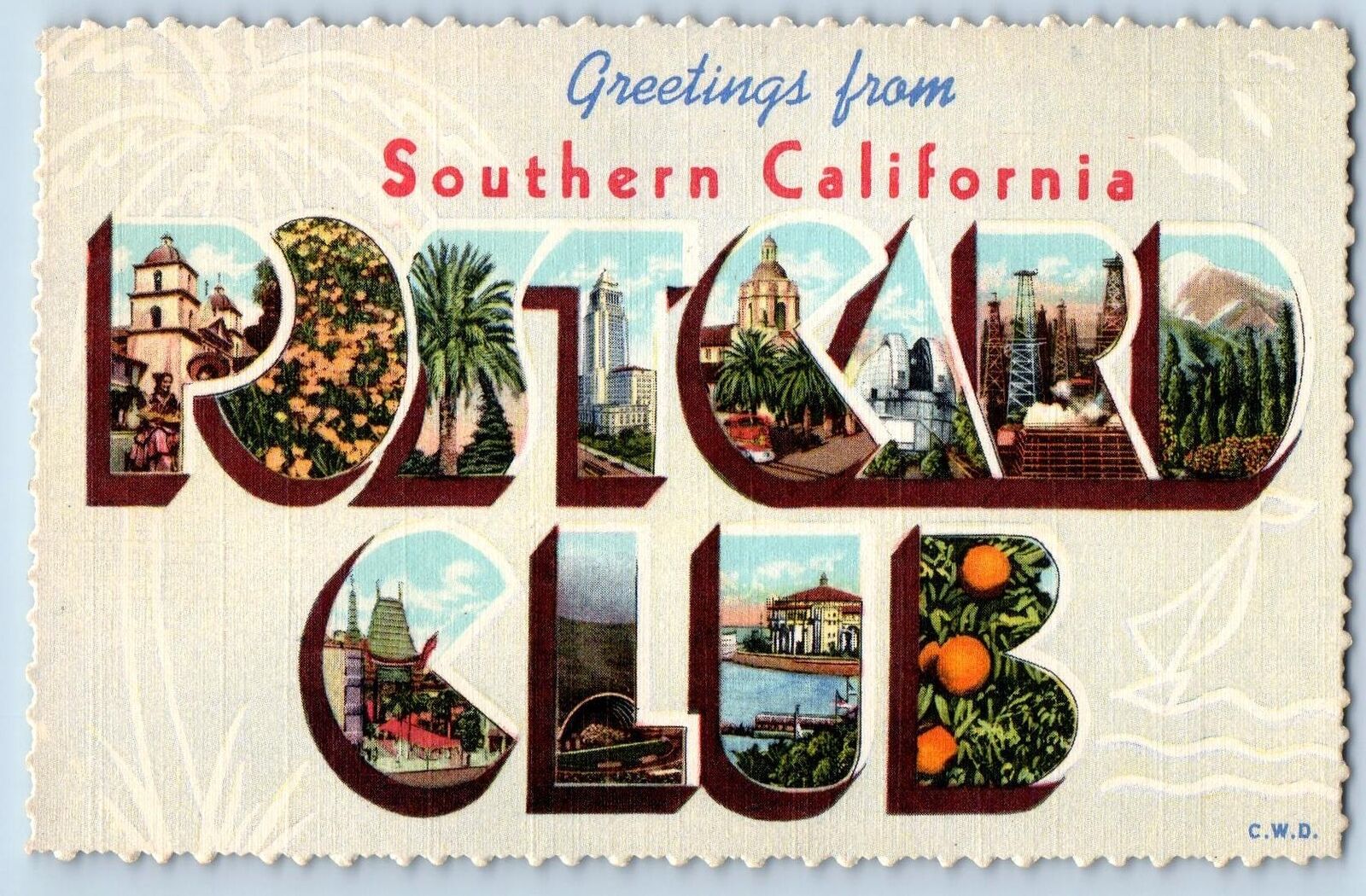 Southern California CA Postcard Large Letter Greetings Postcard Club c1960\'s