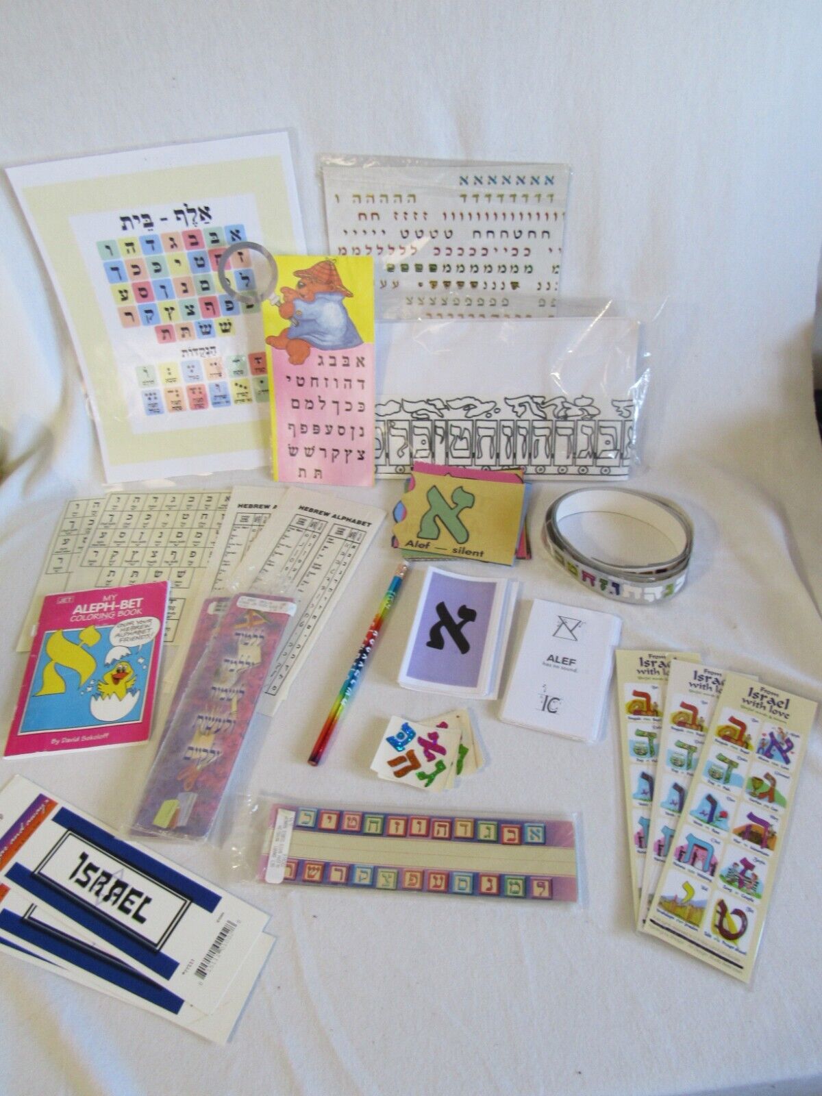 Jewish Judaica Aleph Bet Lot - Flash Cards, Small Chart, Stickers, bookmarks, et