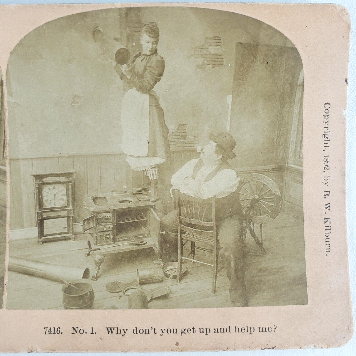 Modern Woman Installing Stove Stereoview c1892 Lazy Fat Man Smoking Pipe F255