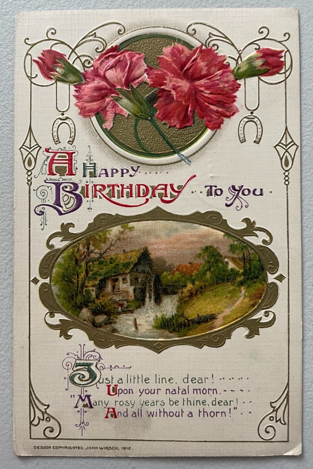 1912 John Winsch Birthday Greetings pink carnations cottage vintage Postcard
