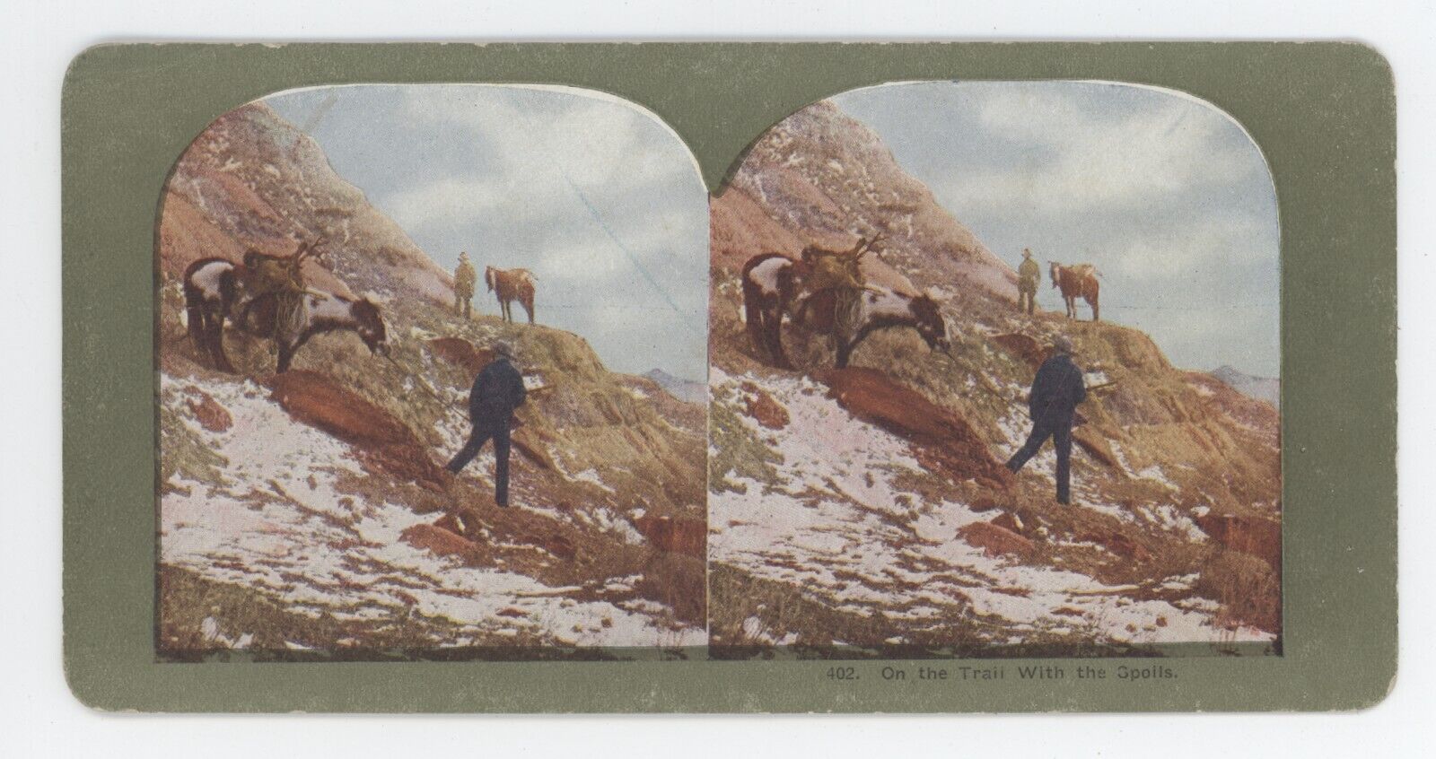 c1900\'s Stereoview On The Trail With The Spoils. Hunters on Mountain With Horses