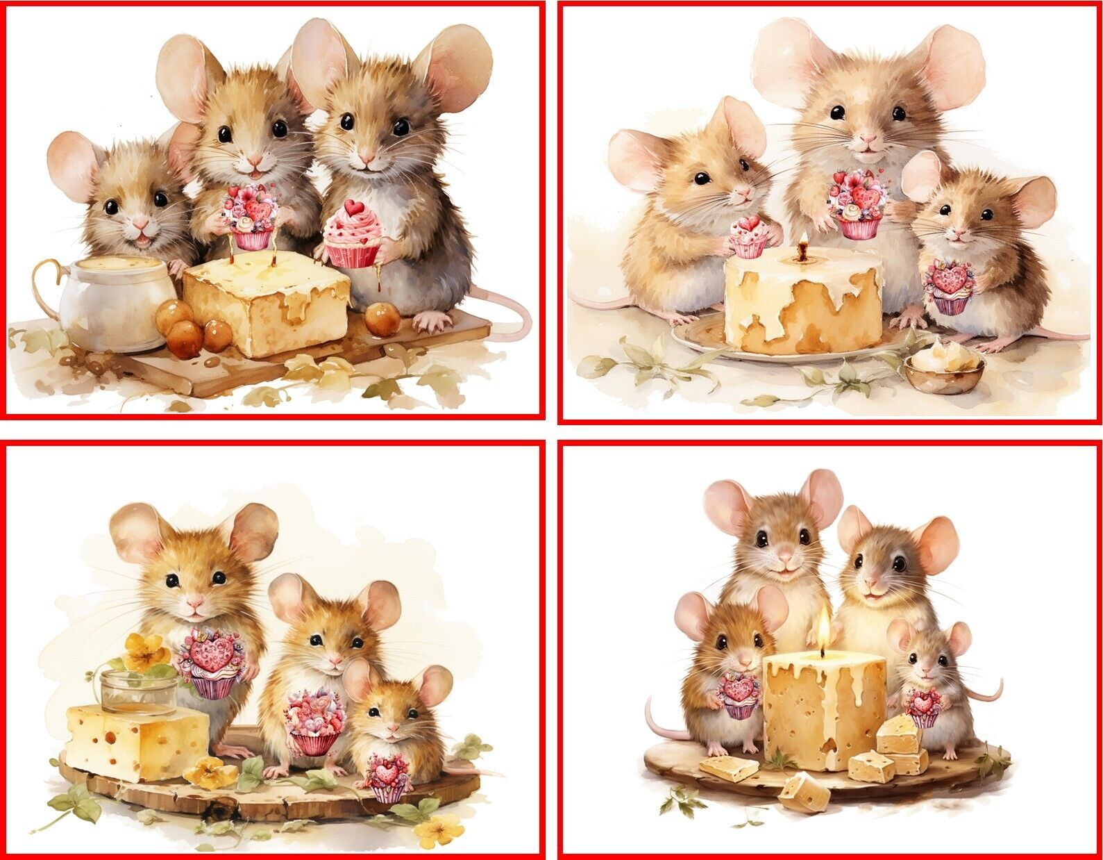 VALENTINE MICE MOUSE VINTAGE VICTORIAN GLOSSY 8 BLANK CARDS CUPCAKES