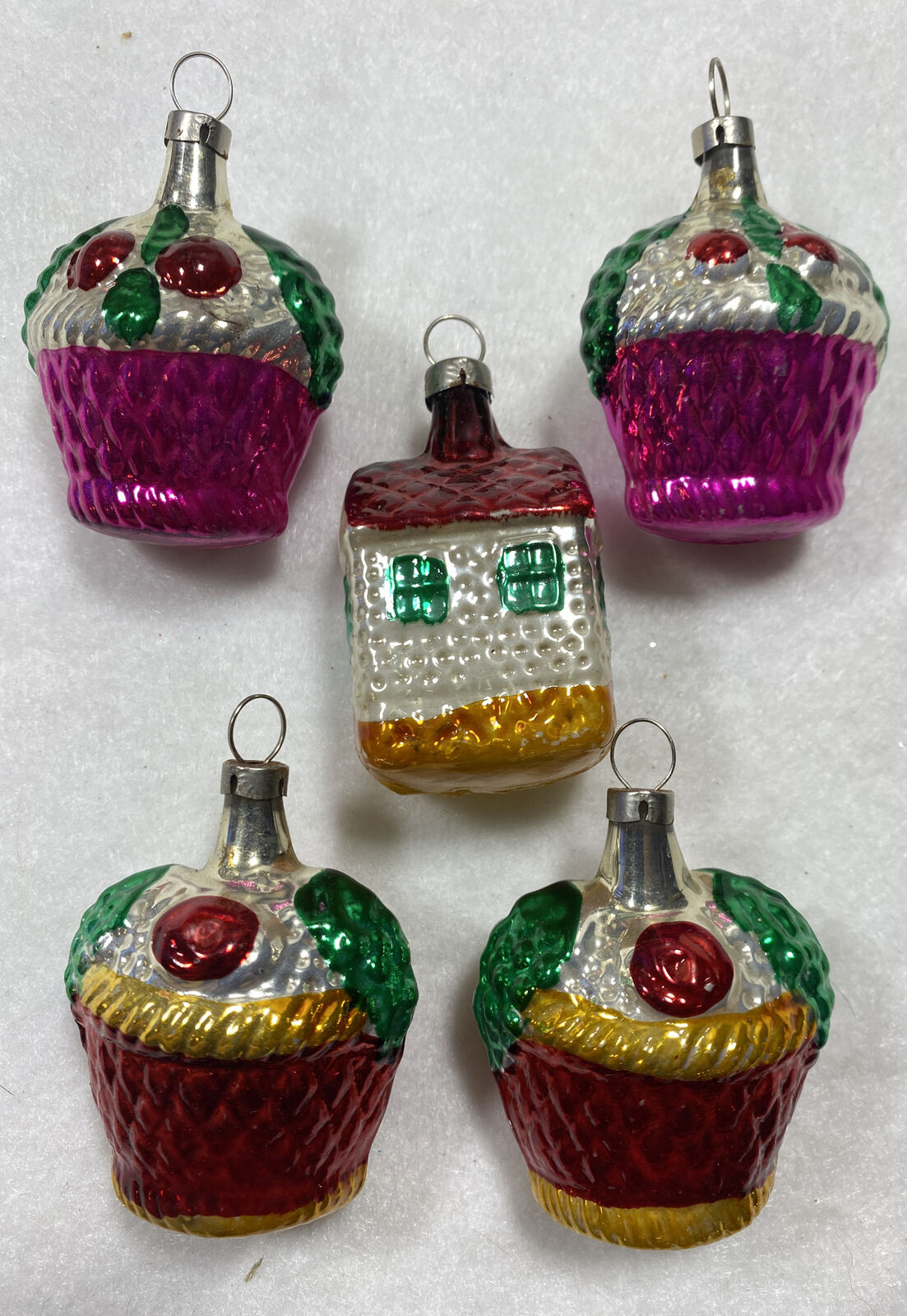 Five Vintage Czechoslovakia Mercury Glass Ornaments Cupcakes House 2.5\