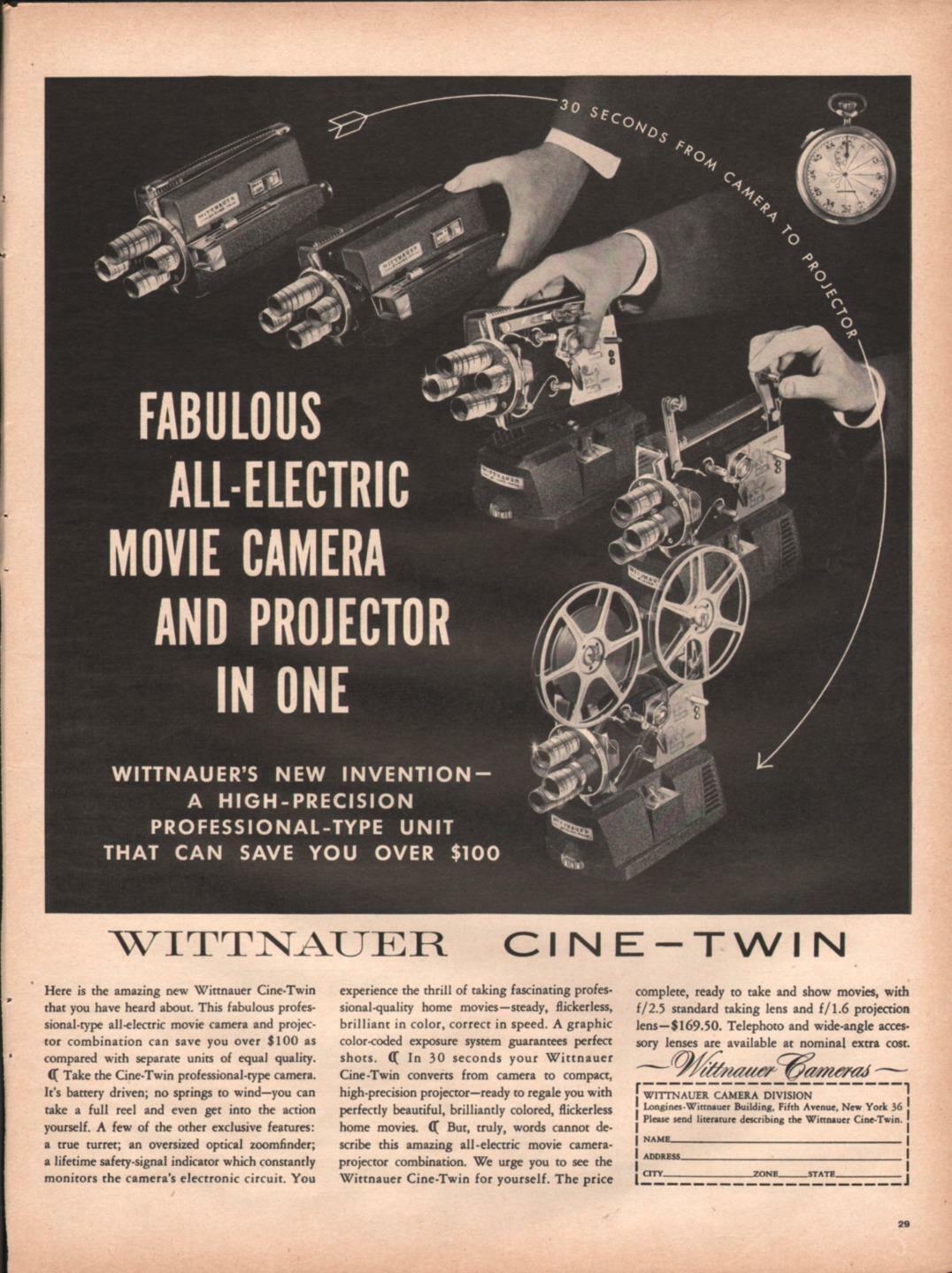 1958 Longines Wittnauer PRINT AD Cine-twin Reel to reel Camera Projector