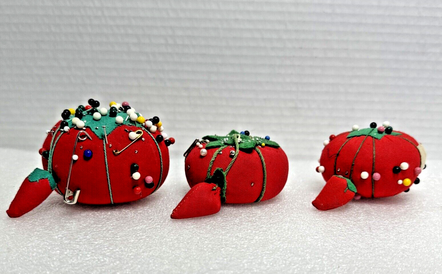 3 Vintage Japan Tomato Pin Cushions Strawberry Sharpener Various Pins W/ Sticker