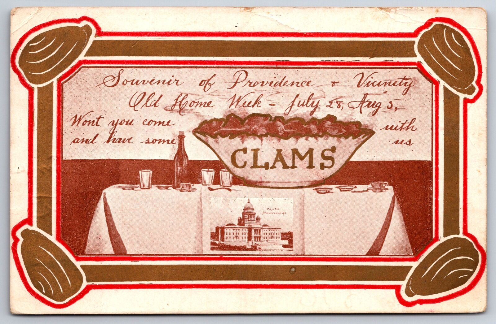 Providence Rhode Island~Capitol on Table~Bowl of Clams~Wine~1907 Postcard