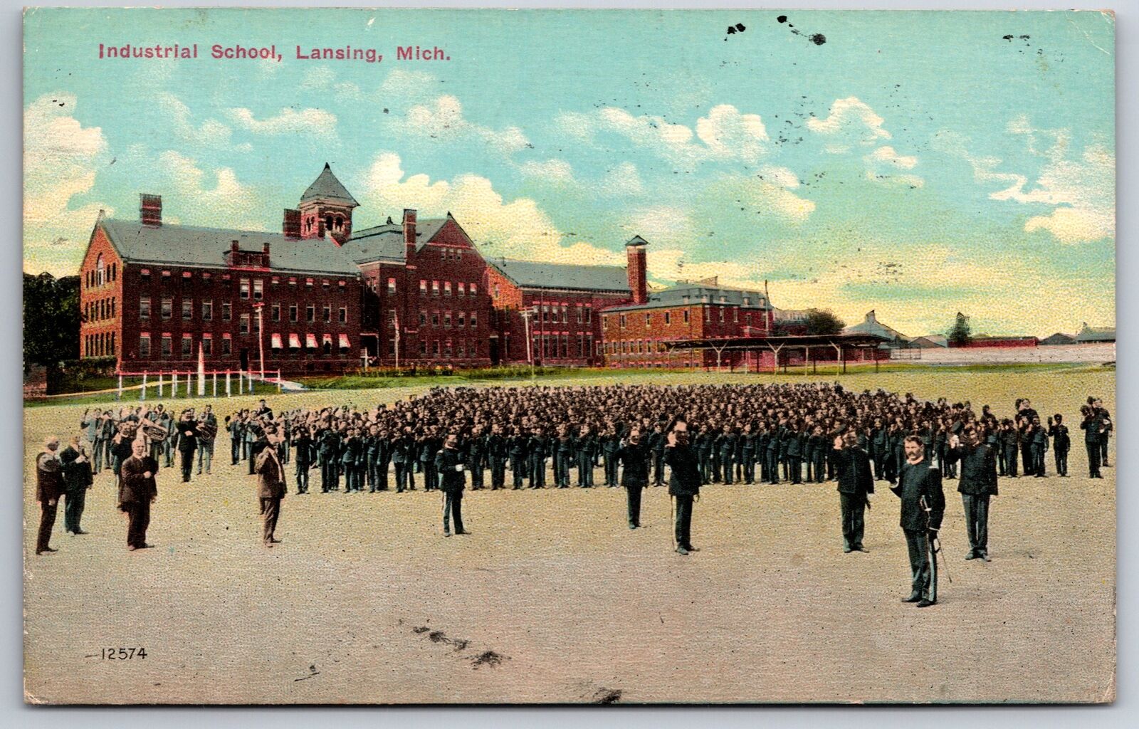Lansing Michigan~Industrial School~Uniformed Men in Formation~1912 Postcard