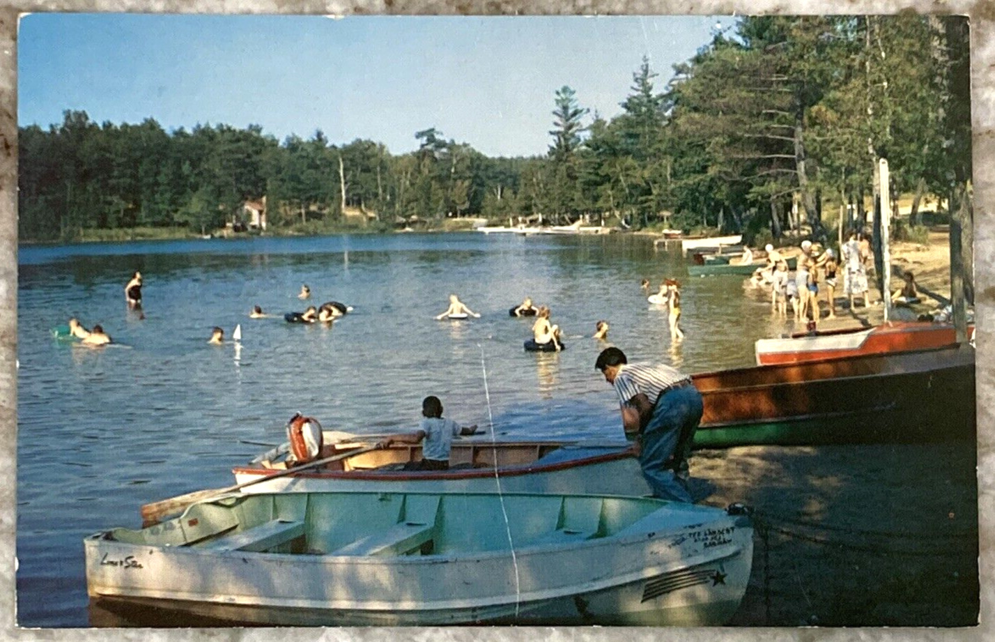 Public Beach on Clear Lake West Branch Michigan Boats 1964 Chrome Postcard 1329