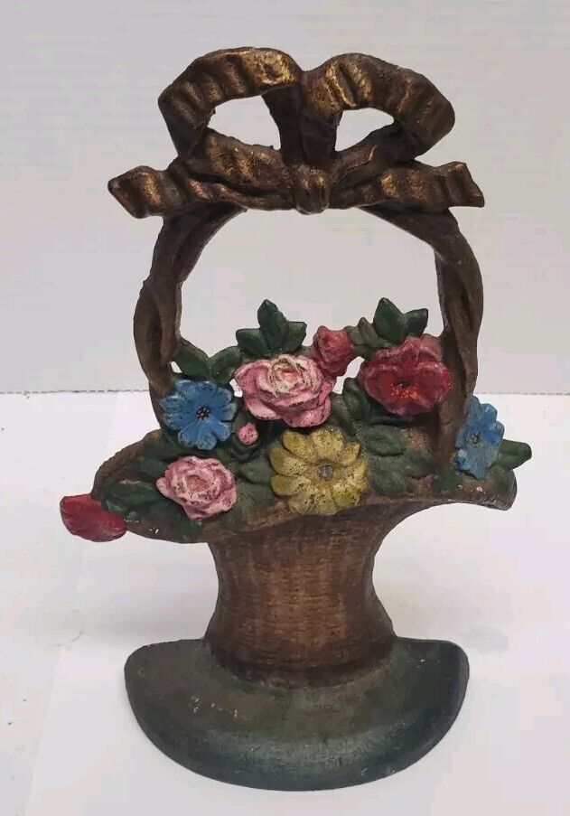 Vintage Early 1900s Hubley Cast Iron Doorstop Basket Of Flowers Original Paint 