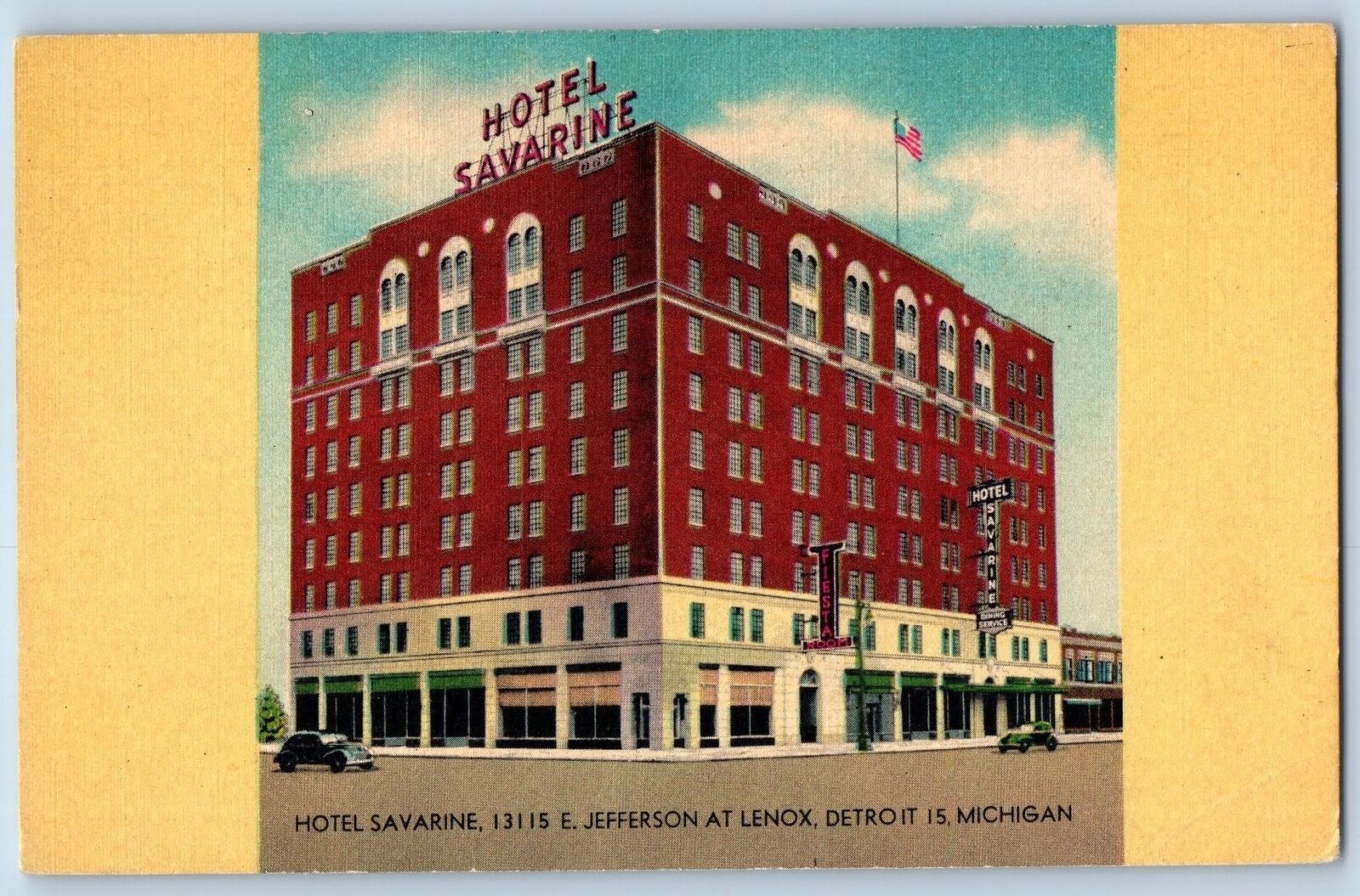 c1940 Hotel Savarine & Restaurant Building Classic Car Detroit Michigan Postcard