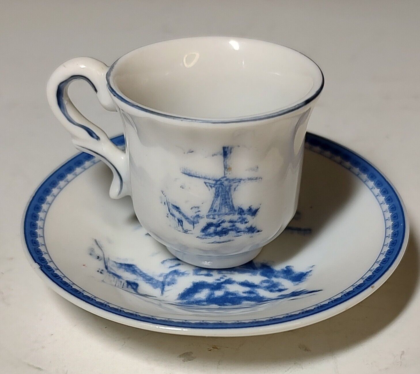 Vintage Imperial Porcelain White and Blue Windmill Teacup and Saucer Miniature
