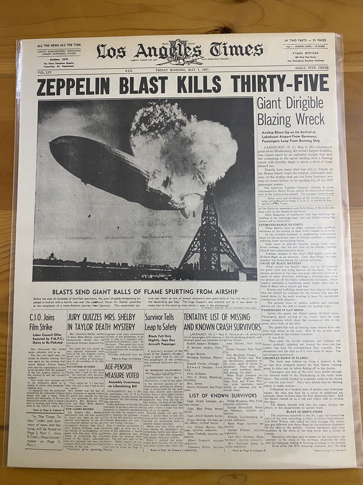 VINTAGE NEWSPAPER HEADLINE ~GERMANY AIR SHIP ZEPPELIN HINDENBURG DISASTER 1937